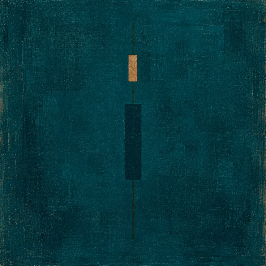 Tussei: Dark teal texture with a fine gold vertical line and two rectangular forms