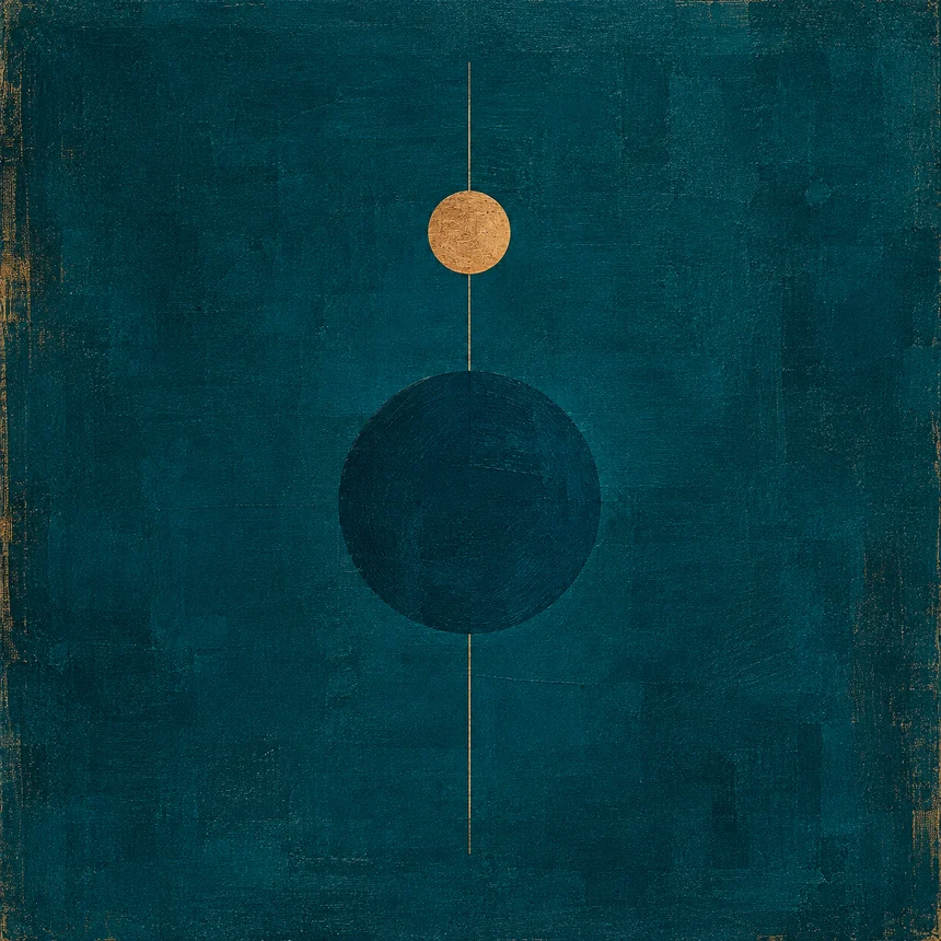 Sgrobo: A small gold disc above a large dark circle on a textured teal ground