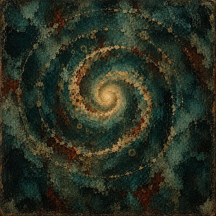 Ranza: A textured teal and ochre spiral around a bright centre